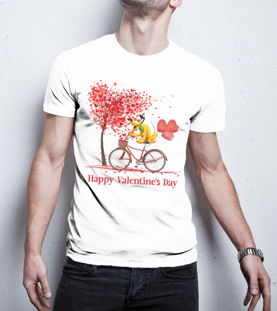 Disney Pluto Happy Valentine's Day Bicycle And Heart Tree T-Shirt