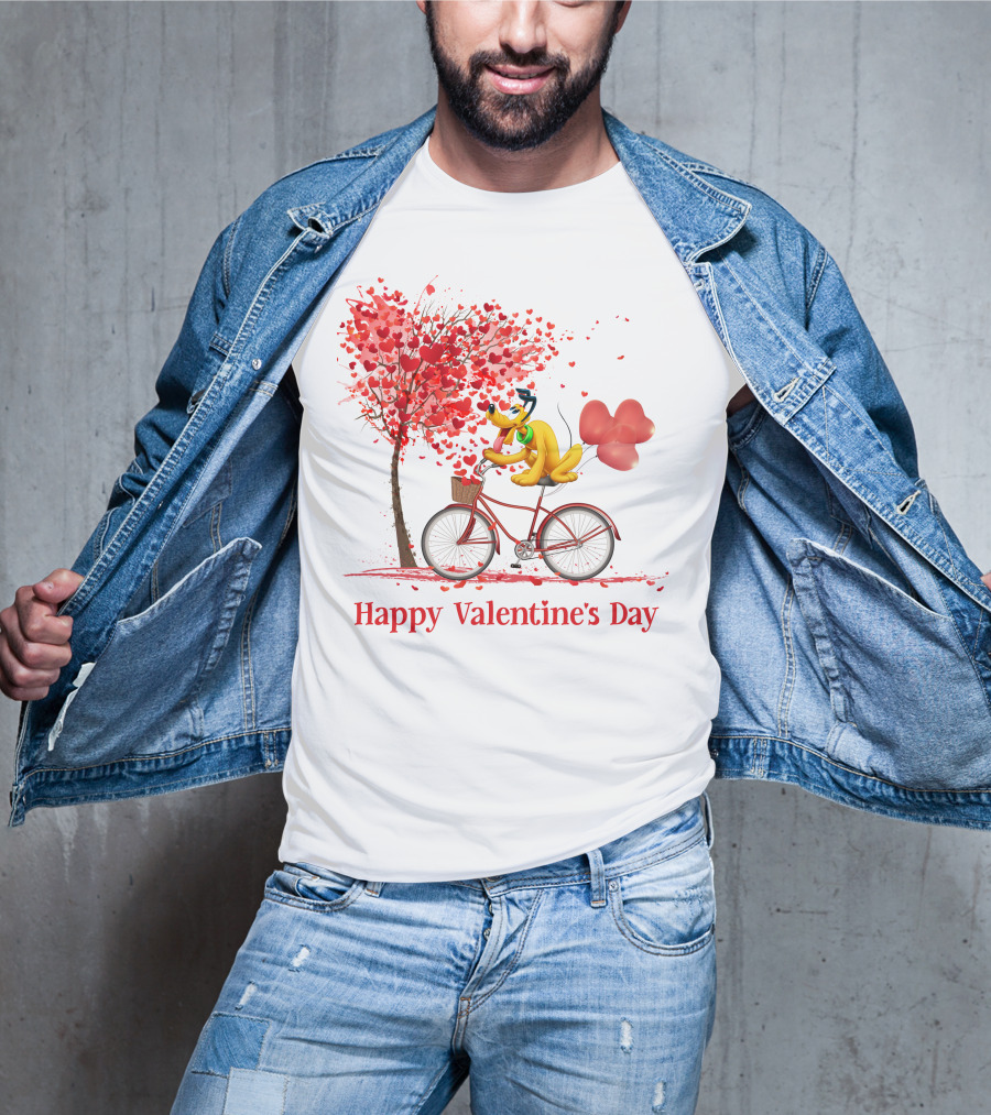 Disney Pluto Happy Valentine's Day Bicycle And Heart Tree T-Shirt