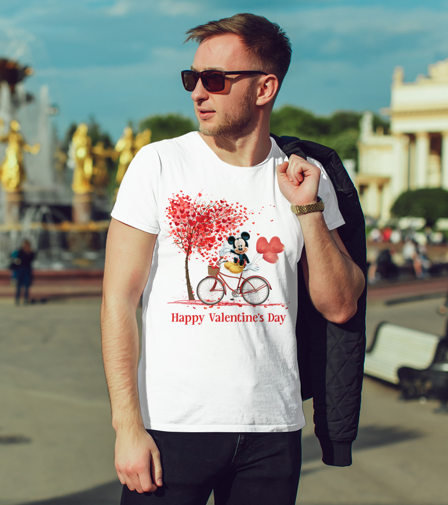 Happy Valentine's Day Mickey Mouse Hearts Bicycle Red Tree T-Shirt