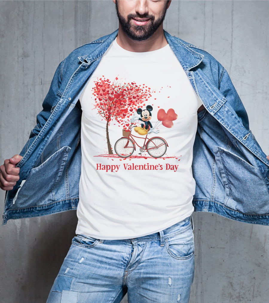 Happy Valentine's Day Mickey Mouse Hearts Bicycle Red Tree T-Shirt