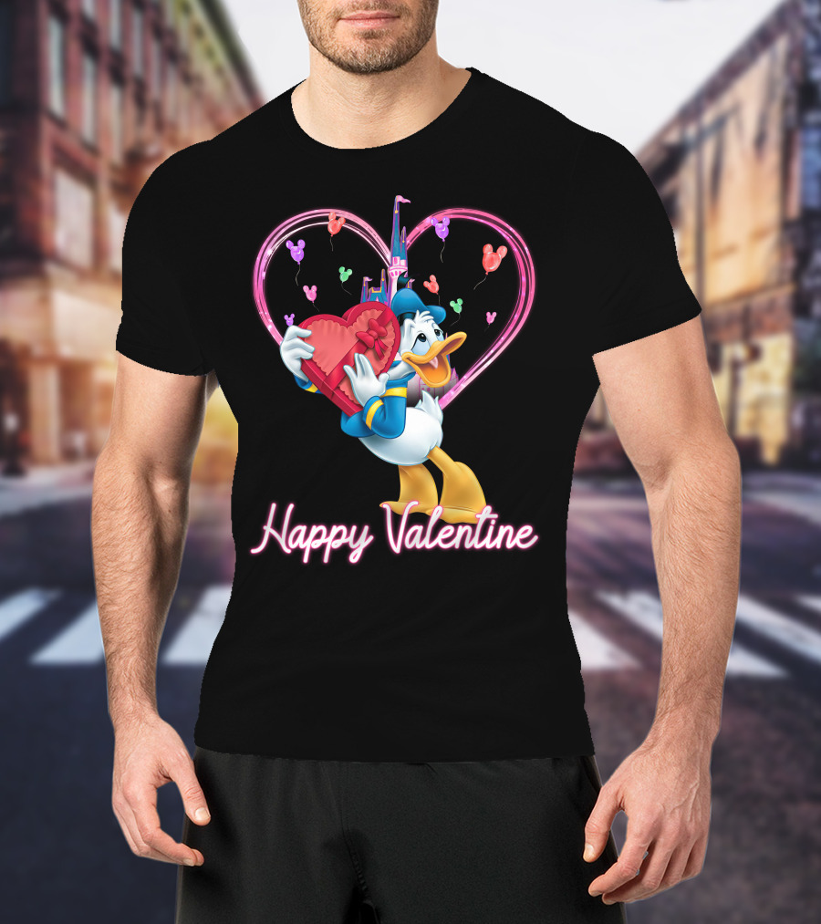 Donald Duck Happy Valentine Heart Balloons And Castle T-Shirt