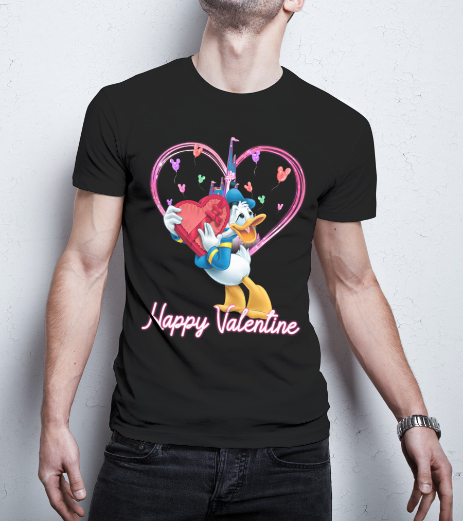 Donald Duck Happy Valentine Heart Balloons And Castle T-Shirt