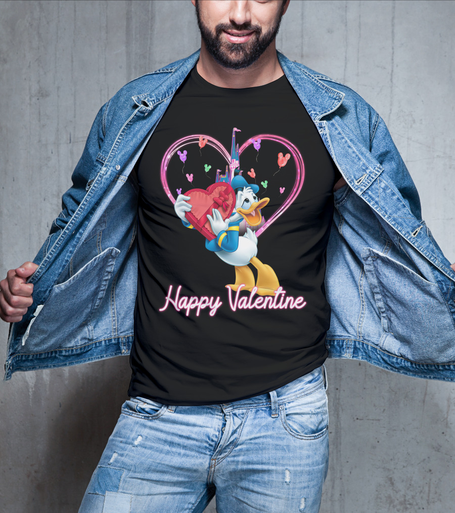 Donald Duck Happy Valentine Heart Balloons And Castle T-Shirt