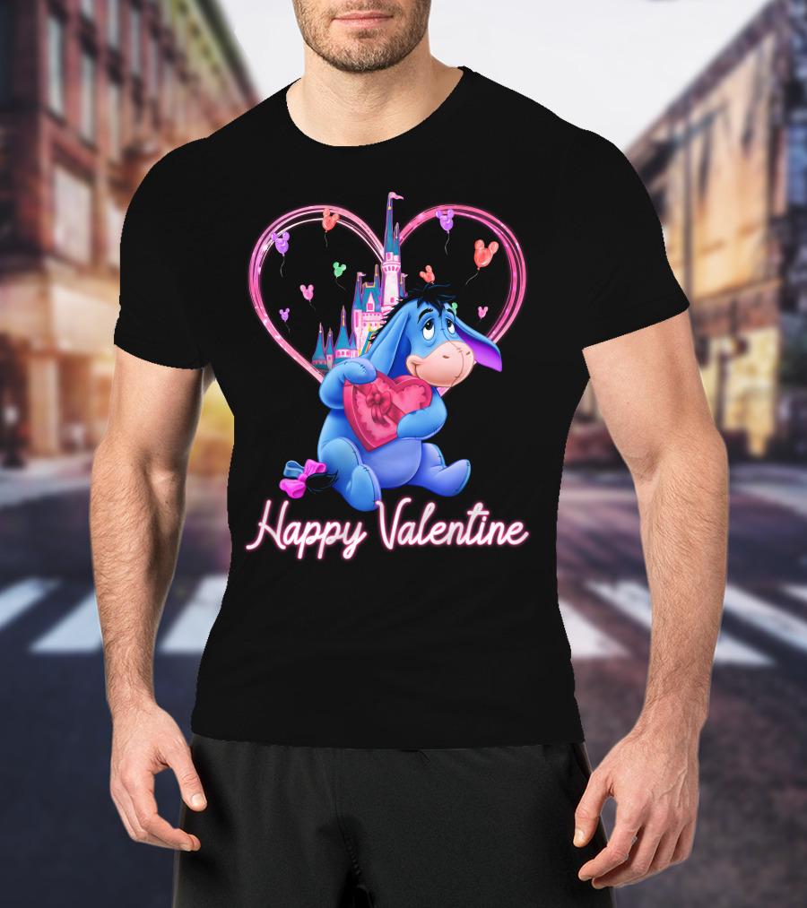 Eeyore Happy Valentine With Heart And Castle T-Shirt