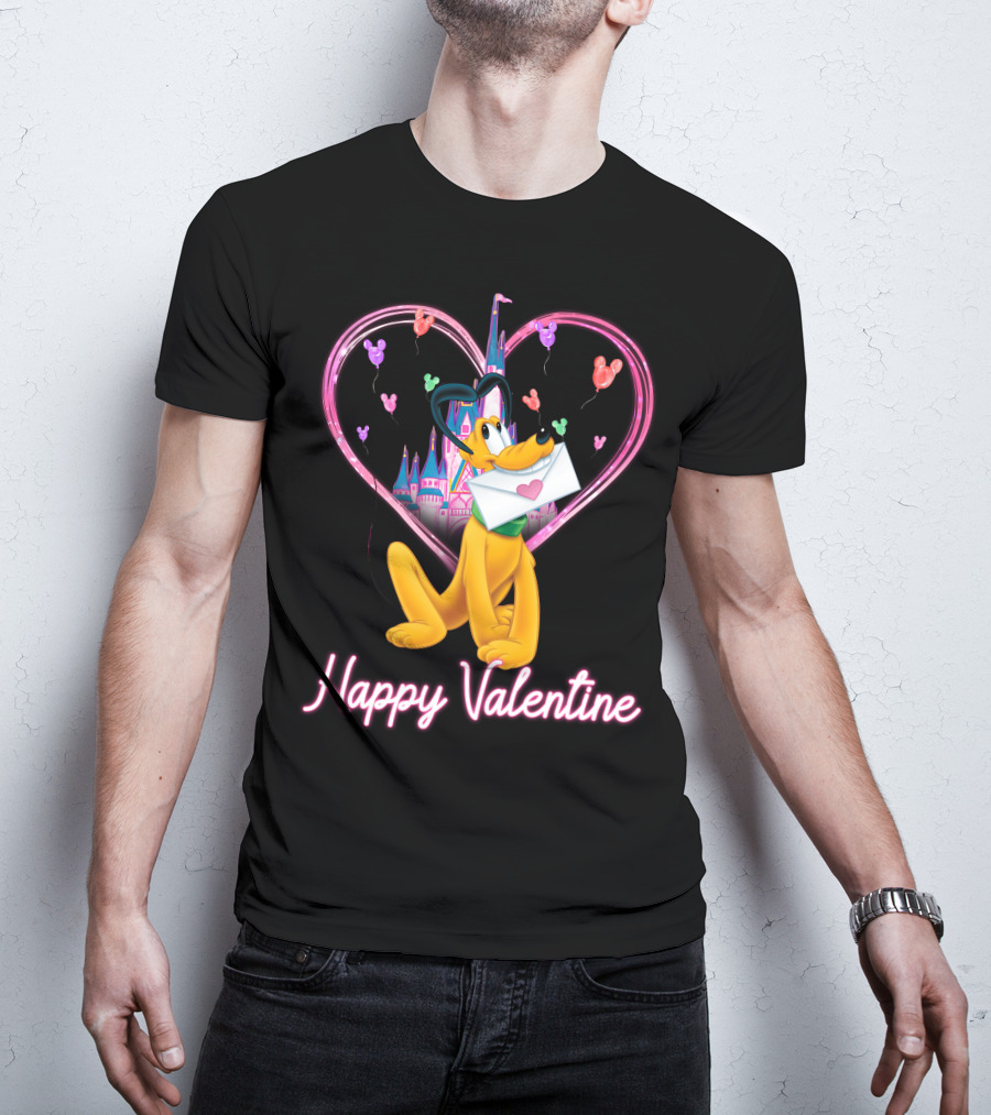 Happy Valentine Pluto Letter Heart Balloons Castle T-Shirt