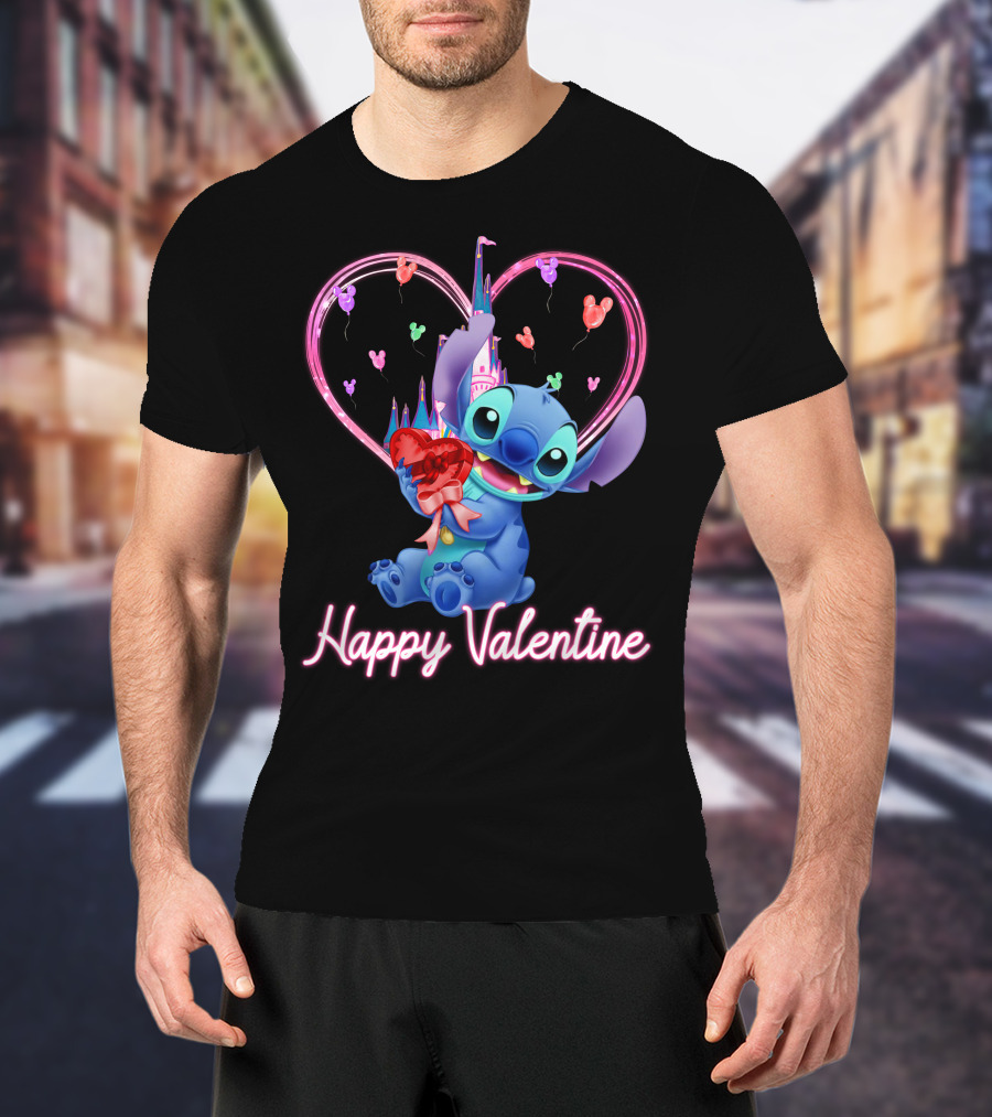 Happy Valentine Stitch Holding Heart With Castle And Balloons T-Shirt