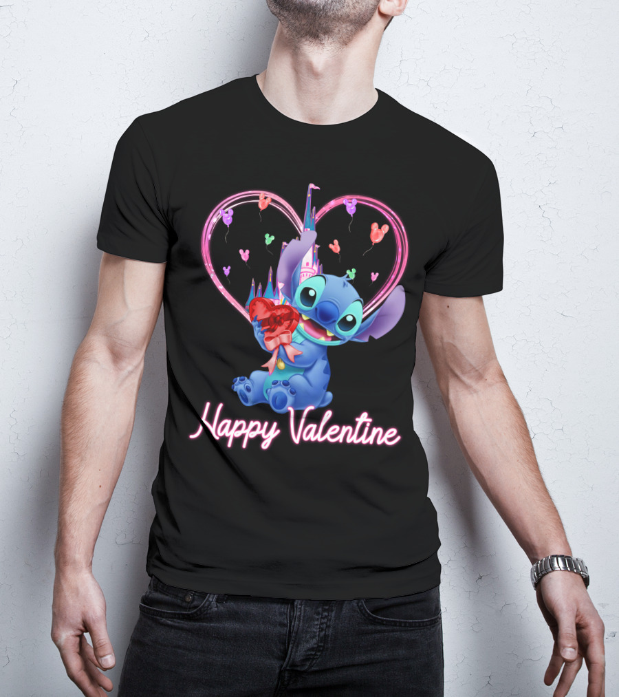 Happy Valentine Stitch Holding Heart With Castle And Balloons T-Shirt