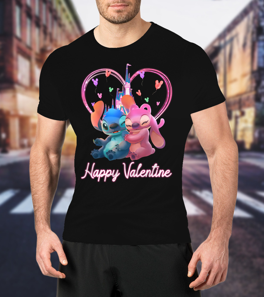 Happy Valentine Stitch Angel Castle Heart Balloons T-Shirt