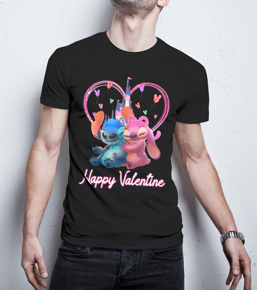 Happy Valentine Stitch Angel Castle Heart Balloons T-Shirt