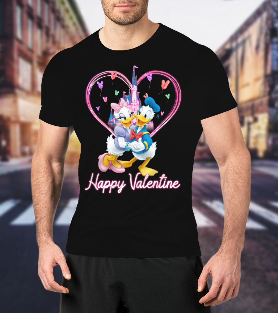 Happy Valentine Donald And Daisy In Front Of Heart Castle T-Shirt