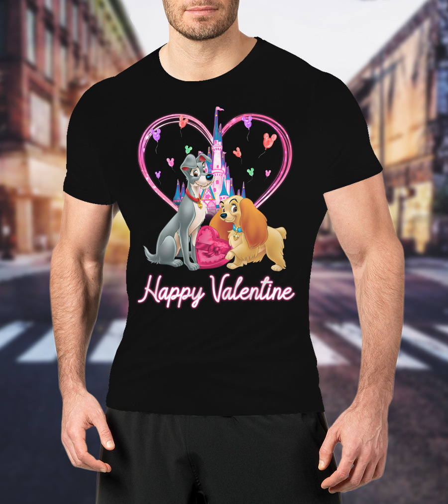 Happy Valentine Lady & The Tramp Heart Castle Balloons T-Shirt