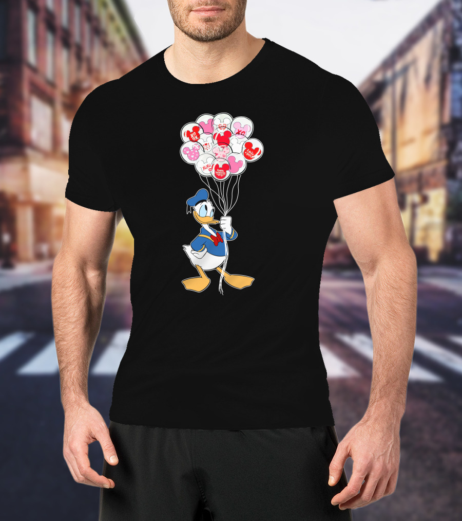 Donald Duck Holding Heart Balloons With Mickey Mouse And Minnie Icons T-Shirt