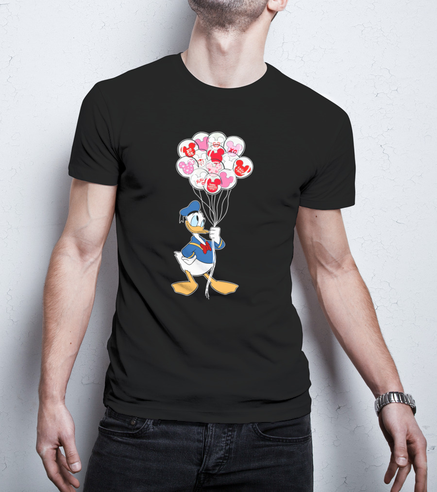 Donald Duck Holding Heart Balloons With Mickey Mouse And Minnie Icons T-Shirt
