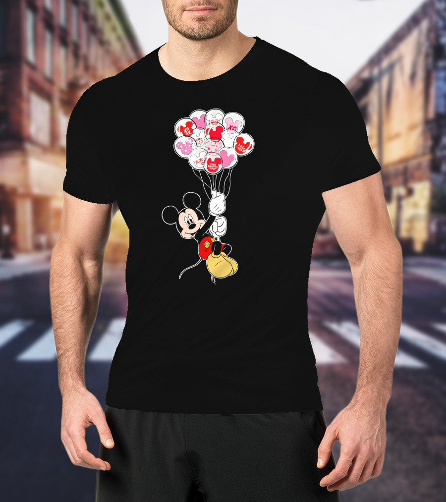 Mickey Mouse Holding Heart Balloons With Xo Love Messages T-Shirt