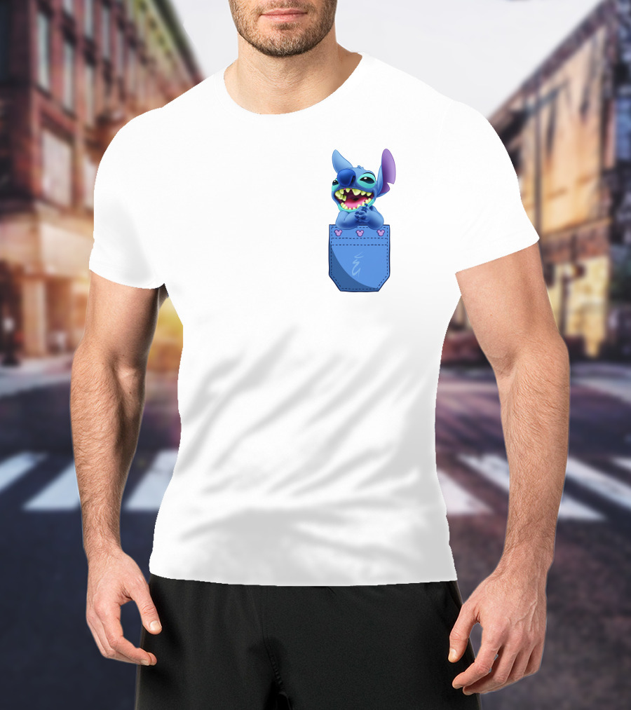Stitch Pocket Smiling Face With Purple Ears T-Shirt