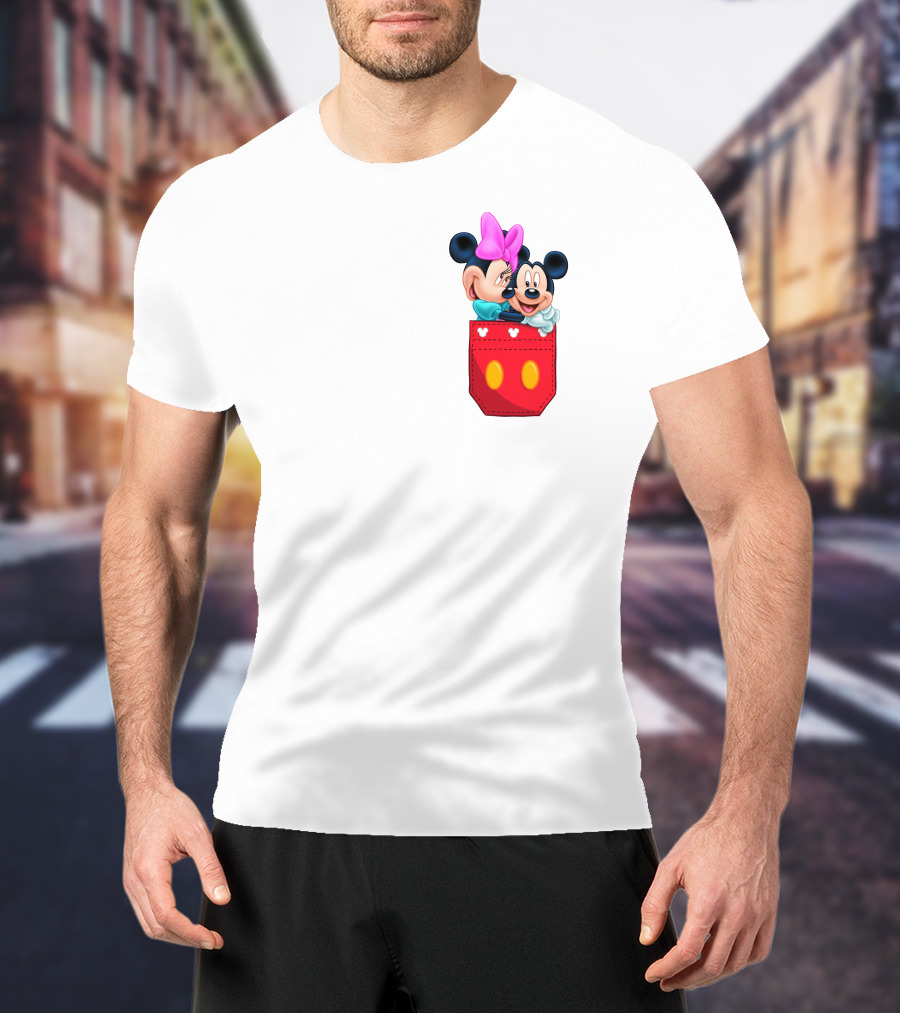 Mickey Mouse And Minnie Mouse In Red Pocket With Hearts And Bow T-Shirt