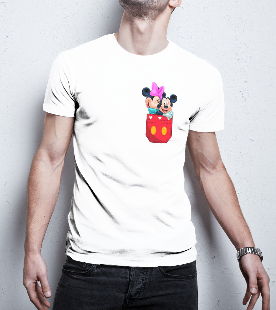 Mickey Mouse And Minnie Mouse In Red Pocket With Hearts And Bow T-Shirt