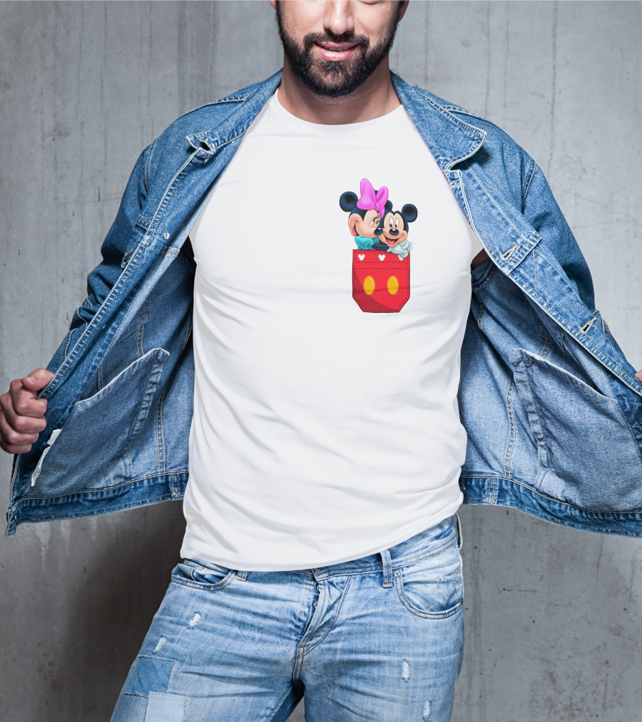 Mickey Mouse And Minnie Mouse In Red Pocket With Hearts And Bow T-Shirt