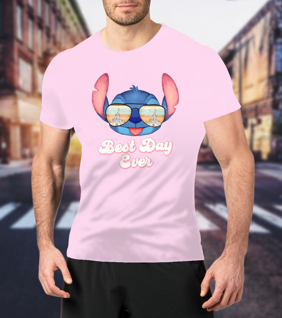 Best Day Ever Stitch Wearing Sunglasses With Castle Reflection T-Shirt