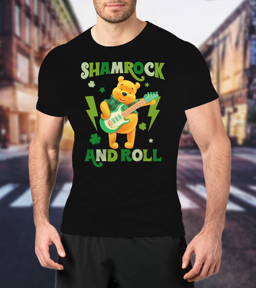 Shamrock And Roll Pooh Bear With Guitar And Green Lightning Bolts T-Shirt