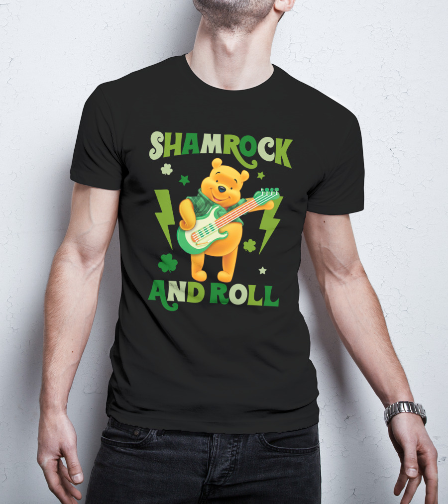 Shamrock And Roll Pooh Bear With Guitar And Green Lightning Bolts T-Shirt