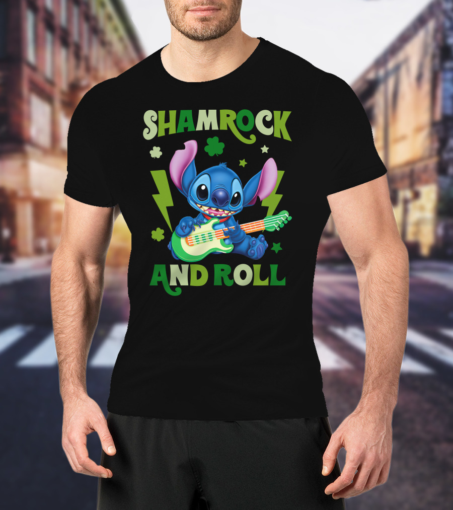 Shamrock And Roll Stitch Playing Guitar T-Shirt