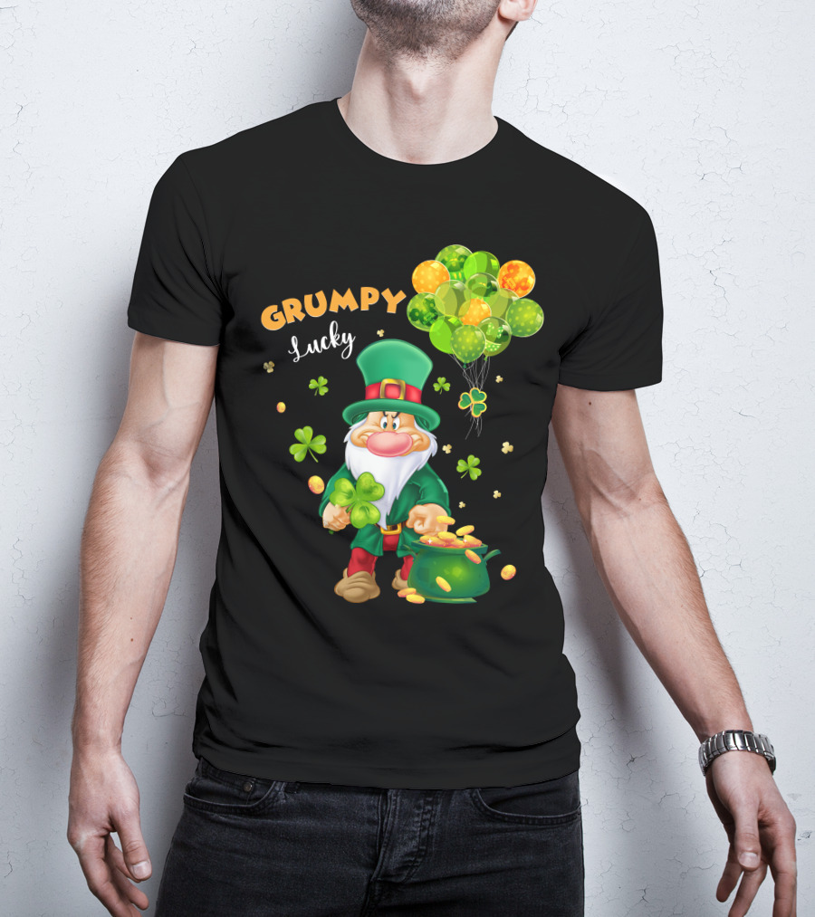 Grumpy Lucky Leprechaun With Shamrocks And Gold Coins T-Shirt