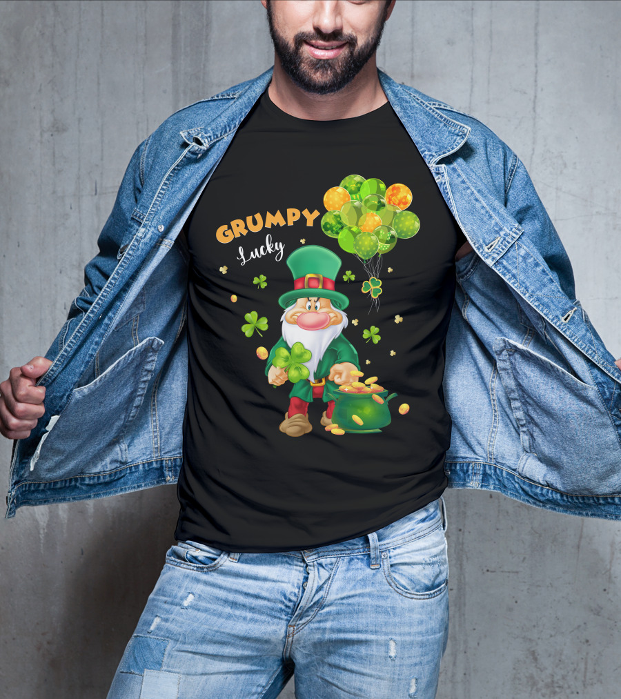 Grumpy Lucky Leprechaun With Shamrocks And Gold Coins T-Shirt