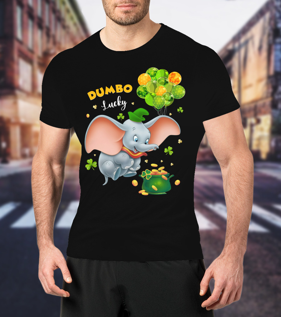 Dumbo Lucky Elephant With Green Hat And Balloons With Pot Of Gold T-Shirt