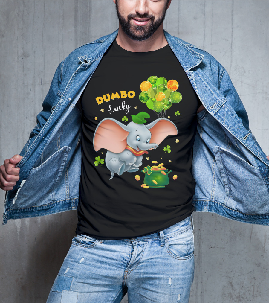 Dumbo Lucky Elephant With Green Hat And Balloons With Pot Of Gold T-Shirt