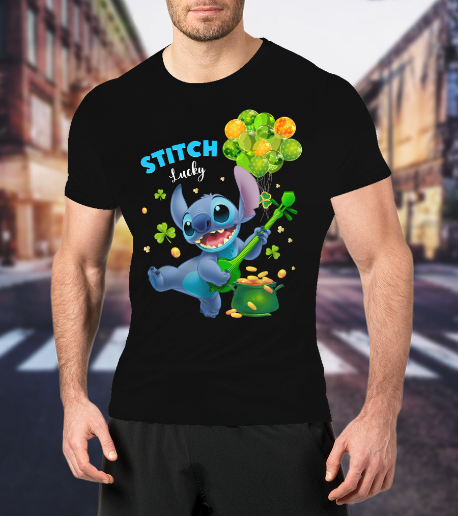 Stitch Lucky Balloons And Shamrock Celebration T-Shirt