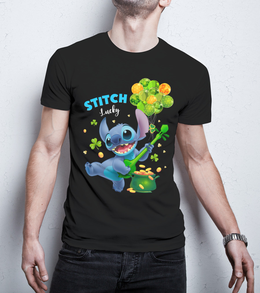 Stitch Lucky Balloons And Shamrock Celebration T-Shirt