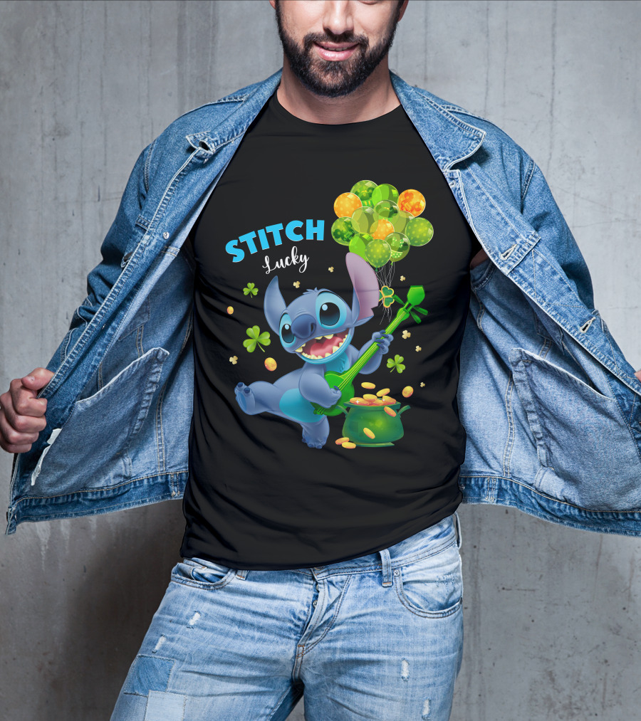 Stitch Lucky Balloons And Shamrock Celebration T-Shirt