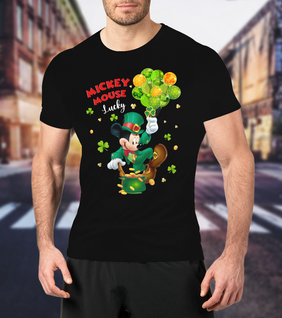 Mickey Mouse Lucky Shamrock Balloons Leprechaun Coins T-Shirt