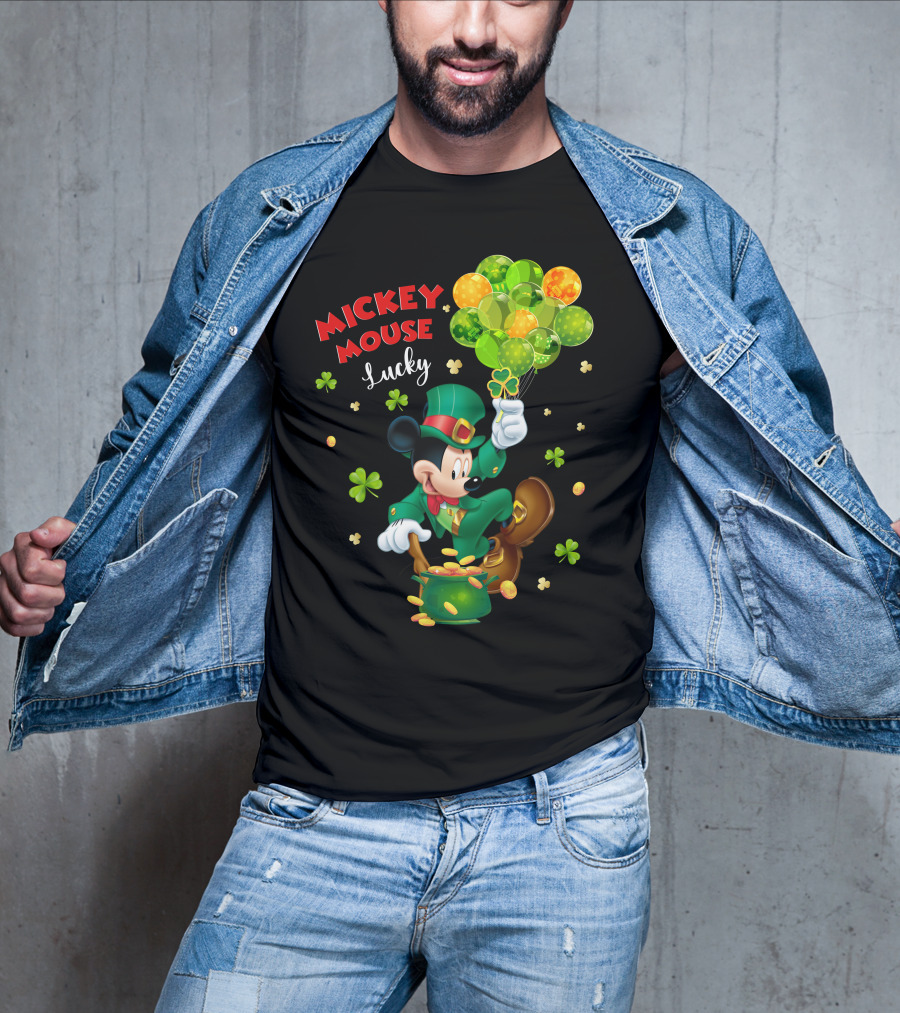 Mickey Mouse Lucky Shamrock Balloons Leprechaun Coins T-Shirt
