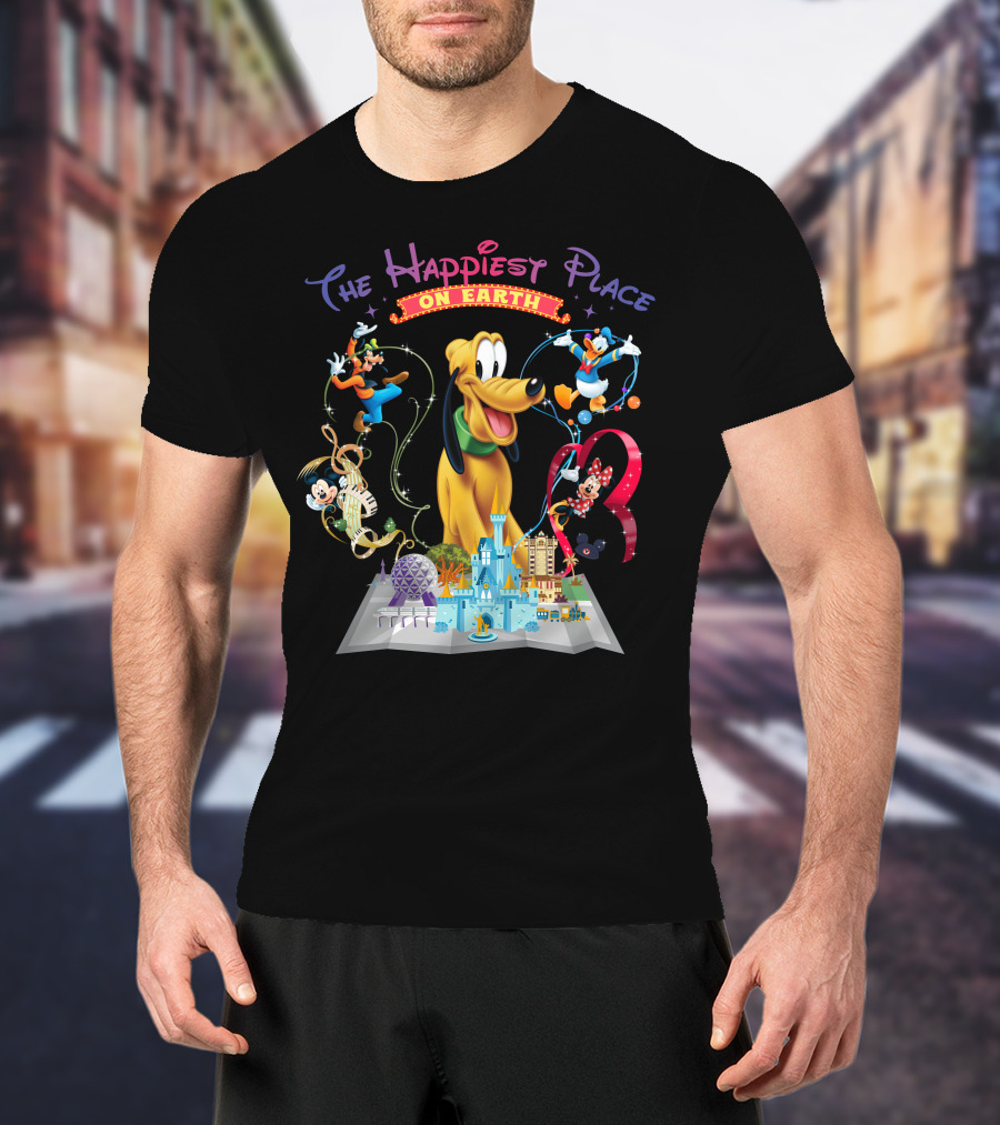 The Happiest Place On Earth Pluto Mickey Mouse Donald Duck Goofy Minnie Mouse Disney World Map T-Shirt