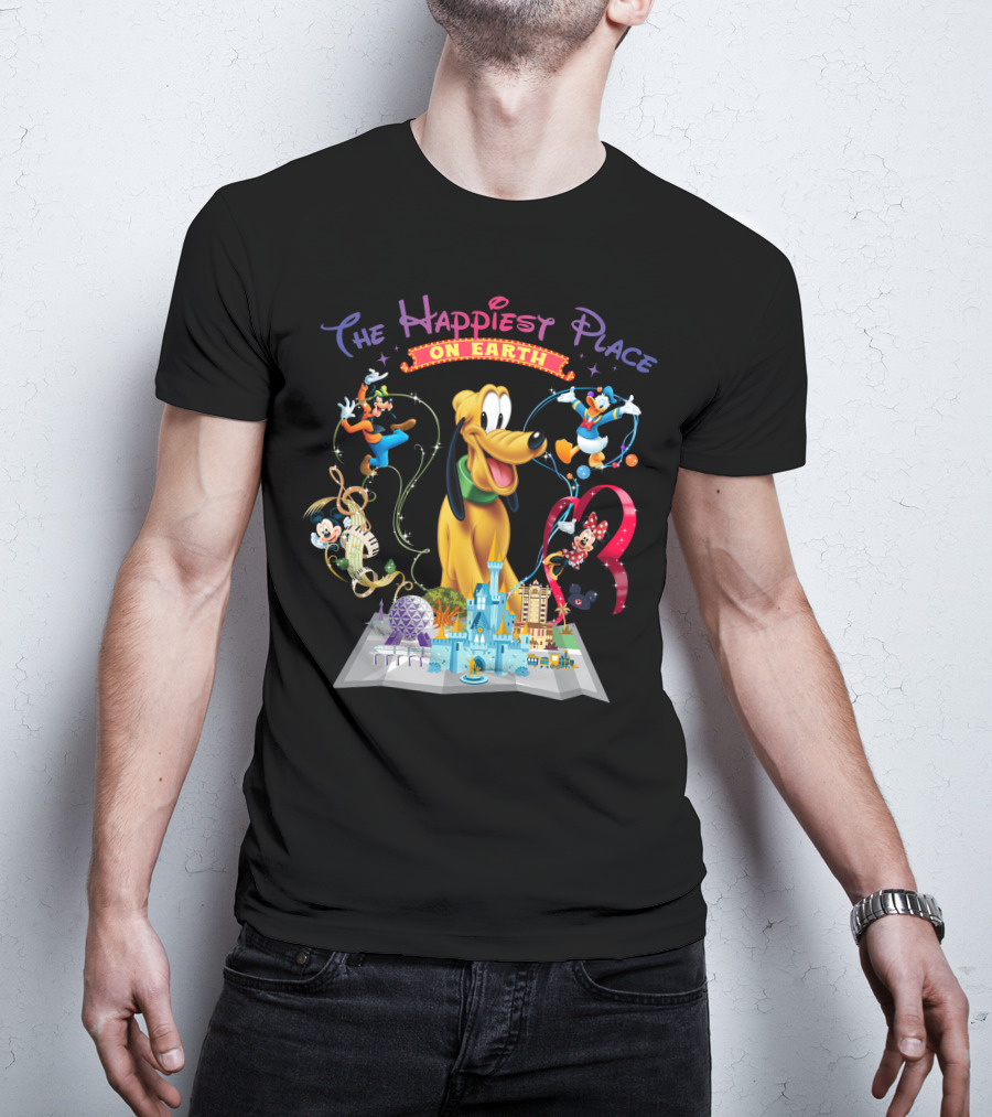 The Happiest Place On Earth Pluto Mickey Mouse Donald Duck Goofy Minnie Mouse Disney World Map T-Shirt