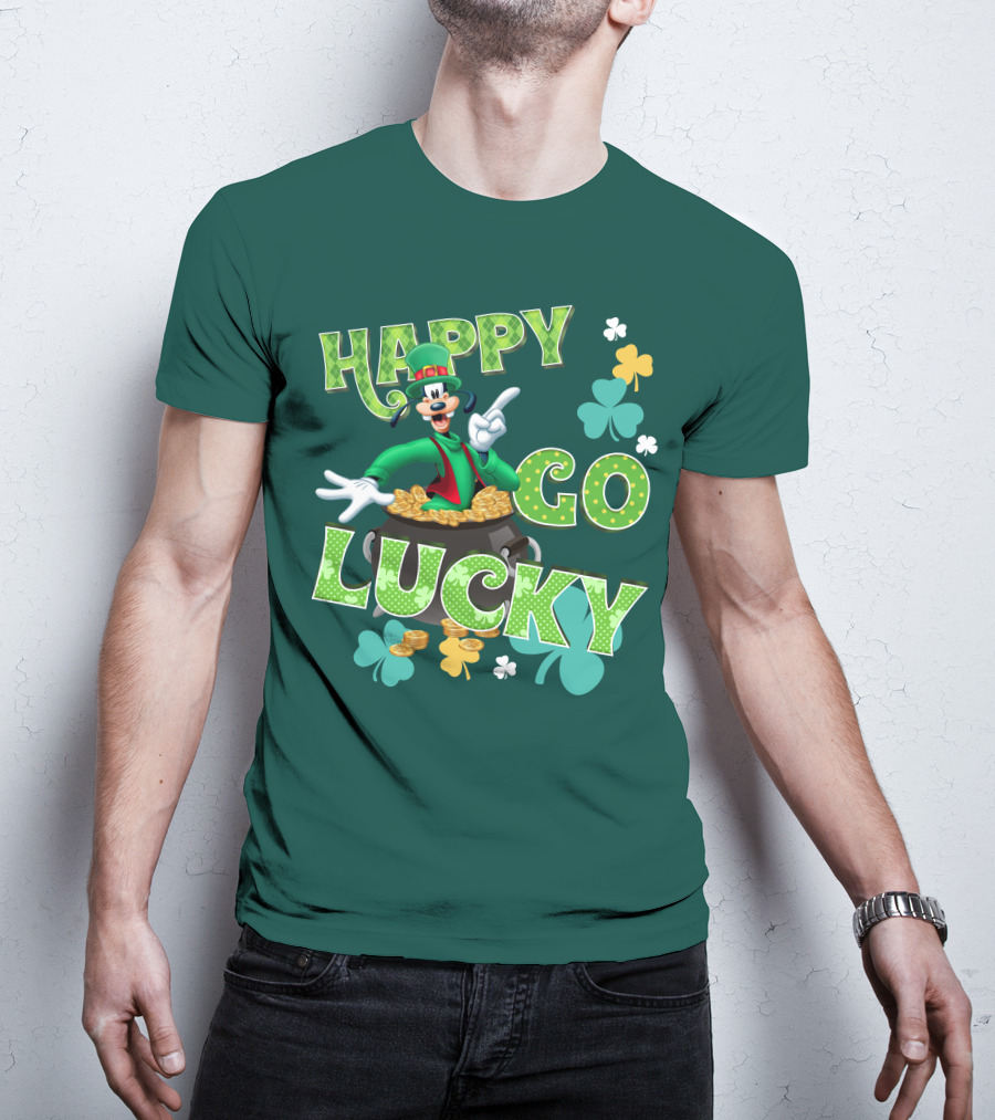 Happy Go Lucky Goofy Pot Of Gold Shamrocks T-Shirt