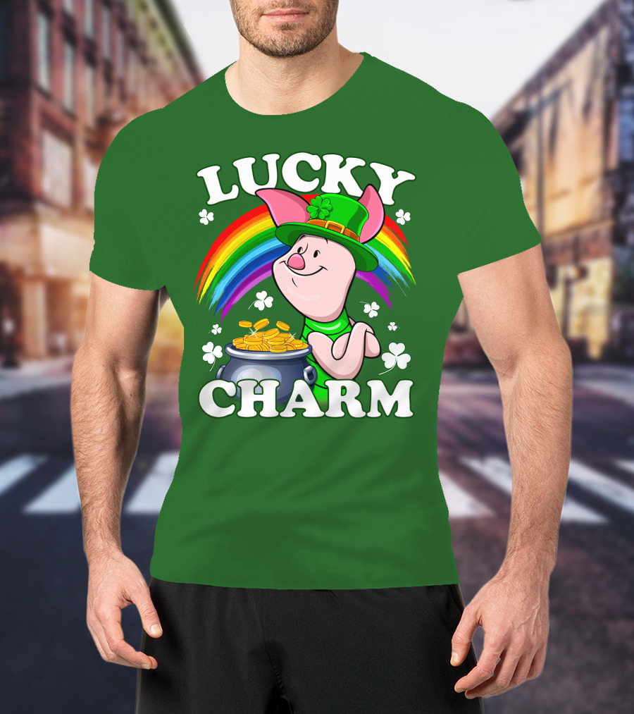 Lucky Charm With Piglet In Leprechaun Hat And Rainbow T-Shirt