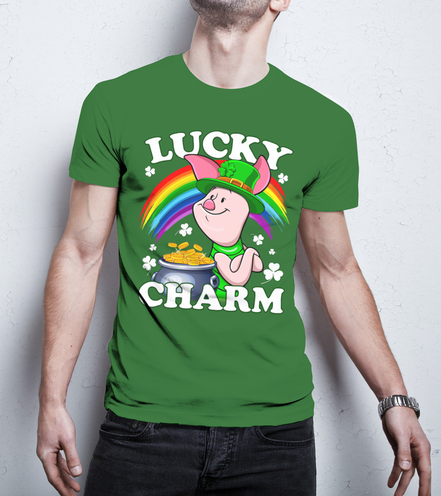 Lucky Charm With Piglet In Leprechaun Hat And Rainbow T-Shirt