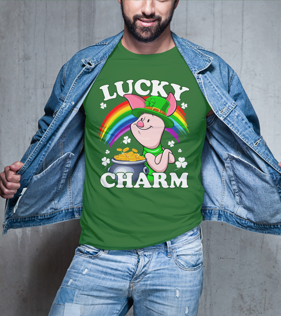 Lucky Charm With Piglet In Leprechaun Hat And Rainbow T-Shirt
