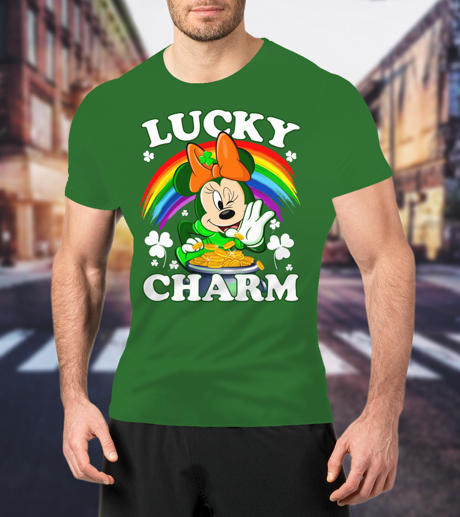 Lucky Charm Rainbow Minnie With Pot Of Gold And Shamrocks T-Shirt