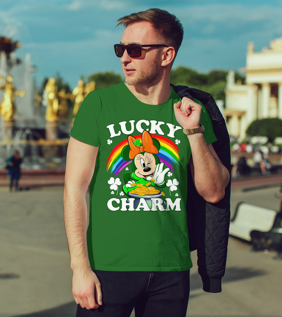Lucky Charm Rainbow Minnie With Pot Of Gold And Shamrocks T-Shirt