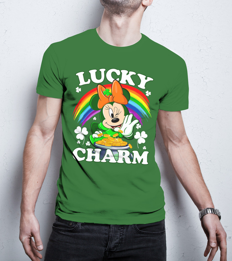 Lucky Charm Rainbow Minnie With Pot Of Gold And Shamrocks T-Shirt