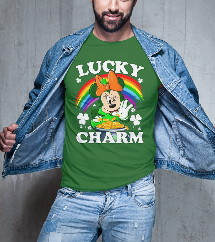 Lucky Charm Rainbow Minnie With Pot Of Gold And Shamrocks T-Shirt