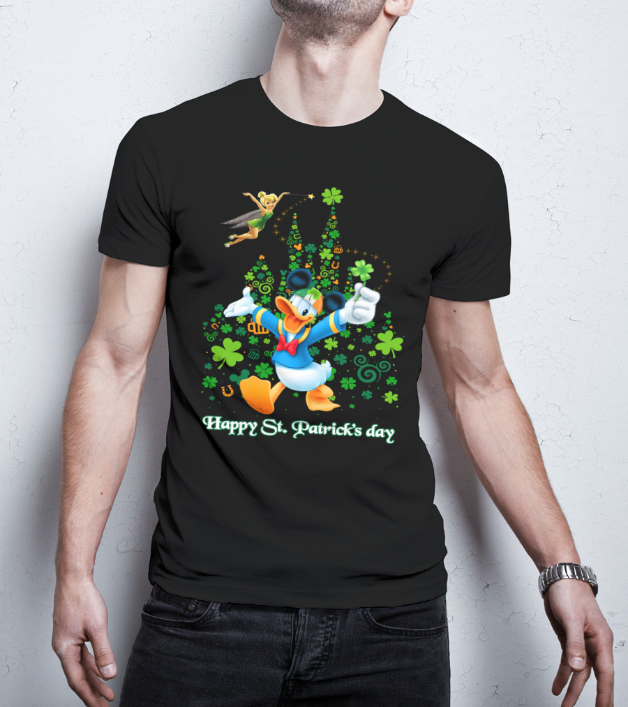 Happy St. Patrick's Day Donald And Tinkerbell With Shamrocks And Castle T-Shirt