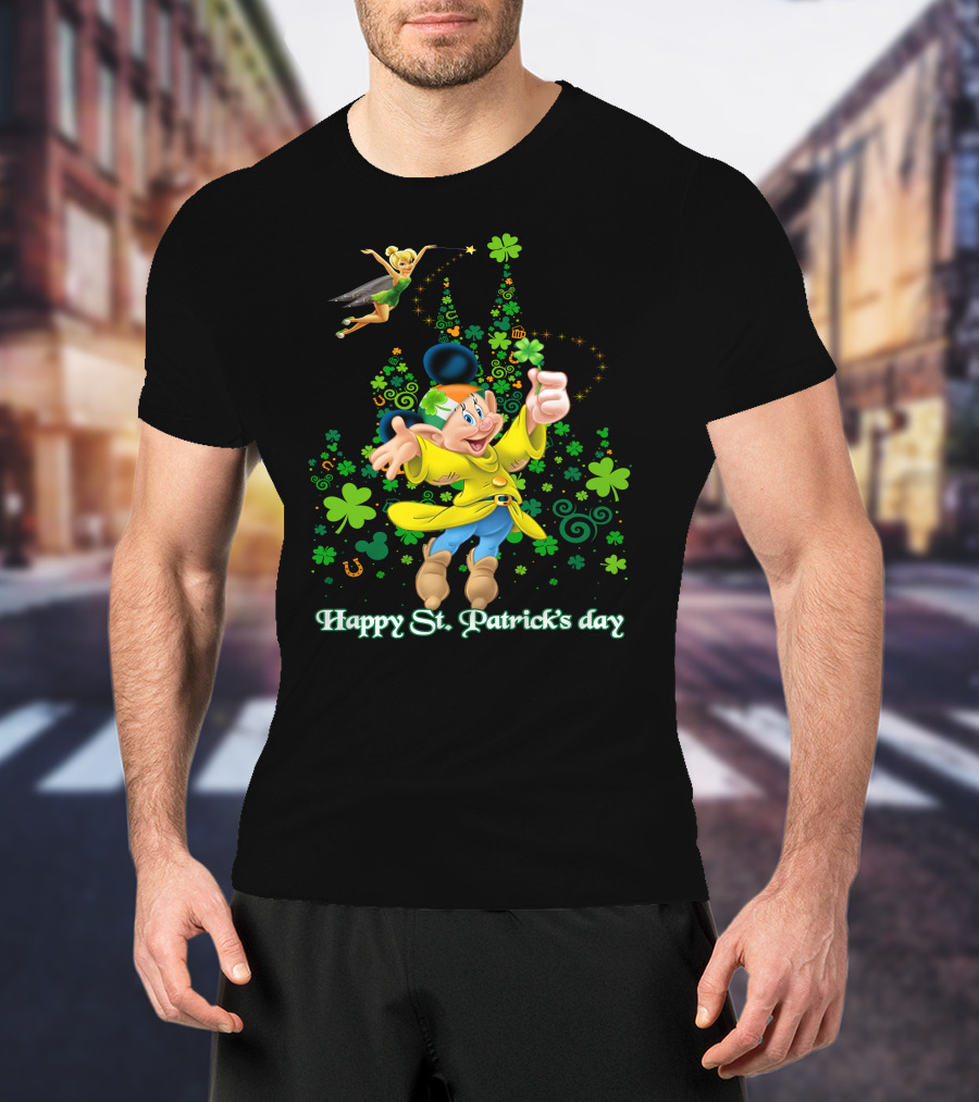 Happy St. Patrick's Day Dopey Disney Character With Tinker Bell And Clovers T-Shirt