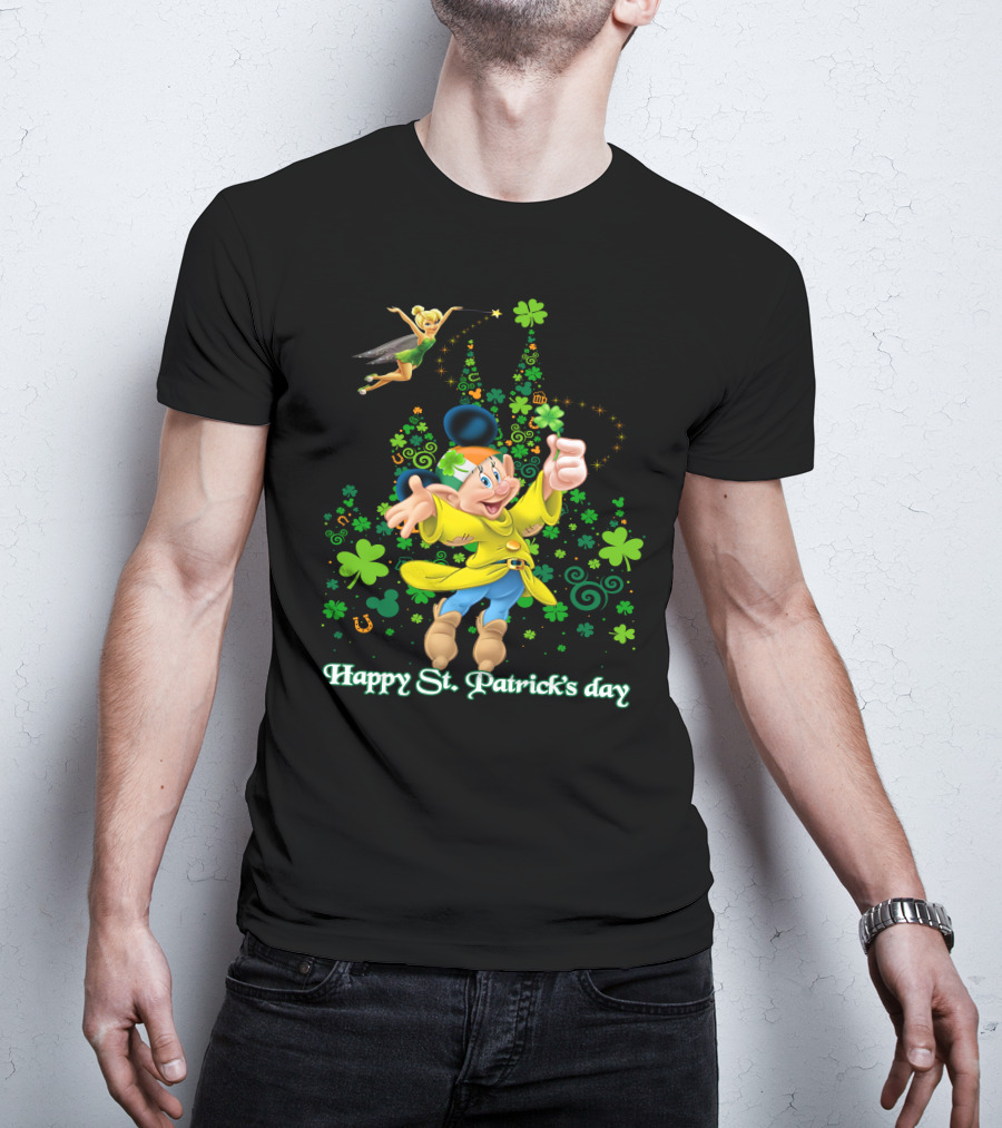 Happy St. Patrick's Day Dopey Disney Character With Tinker Bell And Clovers T-Shirt