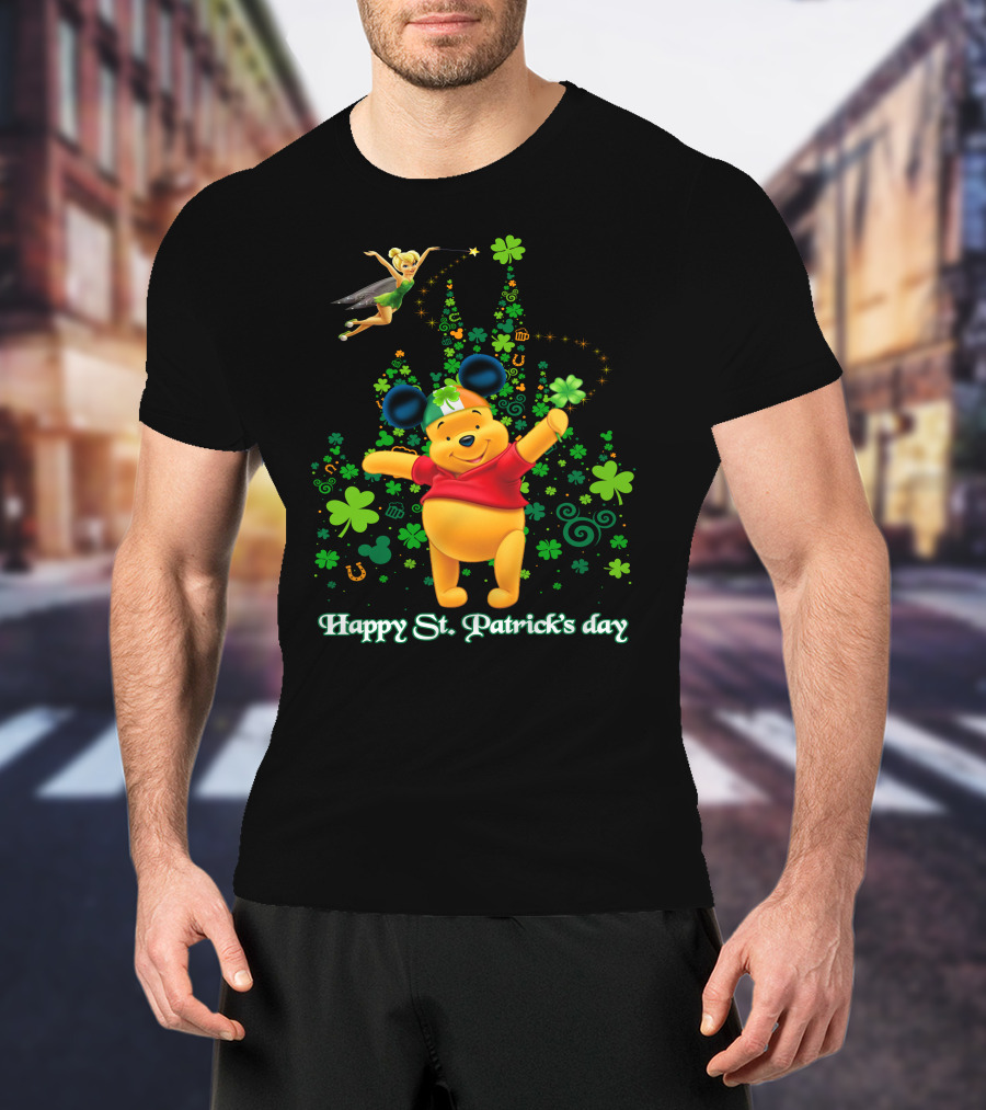 Happy St. Patrick's Day Pooh And Tinker Bell With Mickey Ears And Shamrocks T-Shirt