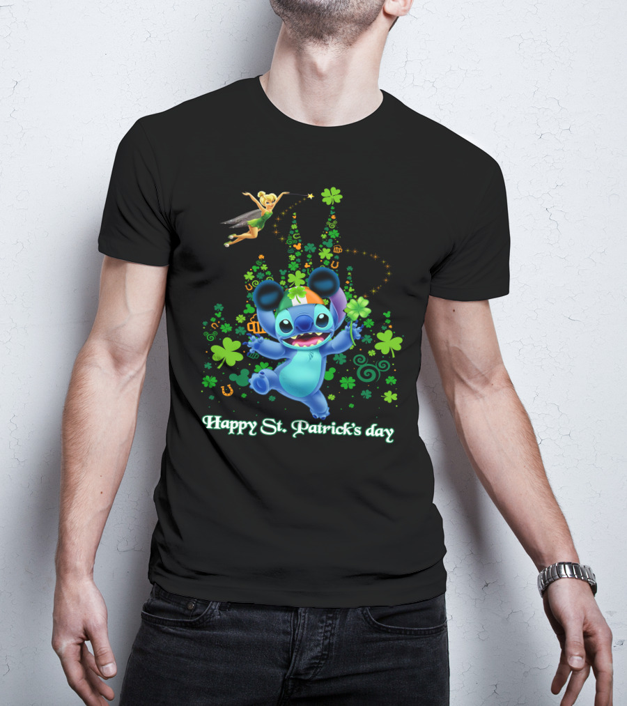 Stitch And Tinkerbell Happy St. Patrick's Day With Shamrocks And Irish Colors T-Shirt